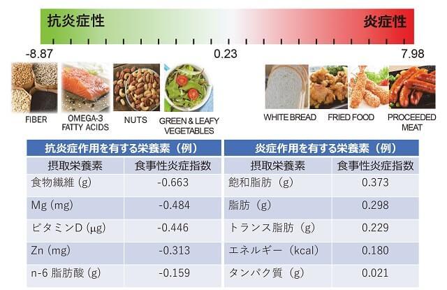 図2：食事性炎症指数の範囲と抗炎症・炎症作用を有する栄養素の例を示す図。
