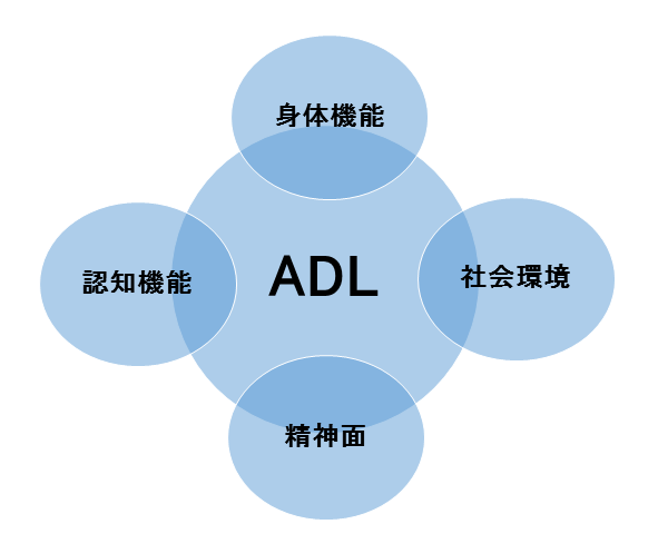 図：ADLと周辺機能の相関を表す図。身体、認知機能、精神面、社会環境は相互に作用しあっており、一つでも機能が低下するとADLの低下につながることを示す。