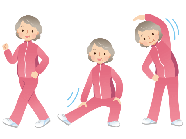 日常生活の中で体を動かすために仲間と一緒に高齢女性が体操をしているイラスト。
