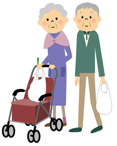 高齢者夫婦が日常生活動作の一つである買い物をするイラスト。