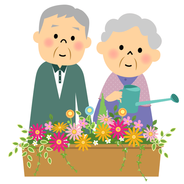 園芸を楽しむ高齢夫婦を表すイラスト。園芸療法とは、様々な疾患や障害に対する健康法の一つで、植物を育てることによって身体、精神、知能、社会的に良い効果をもたらしたり、損なわれた機能を回復することを目的として行われています。