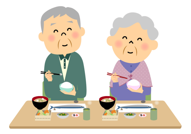 食事に日本の代表的な食文化である和食と緑茶を取り入れる高齢者夫婦のイラスト。和食は健康で長生きするための秘訣であり、健康長寿を支えていると考えられています。