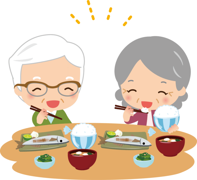 高齢者夫婦が食事を楽しんでいる様子を表すイラスト。高齢者の食事の特徴として、身体機能の低下により、食事がうまく取れなくなり、食事量が減るなど食生活に影響を及ぼします。また柔らかい食べ物を好みます。食事の形態や調理法を工夫し、安全でおいしく食事をすることが大切です。