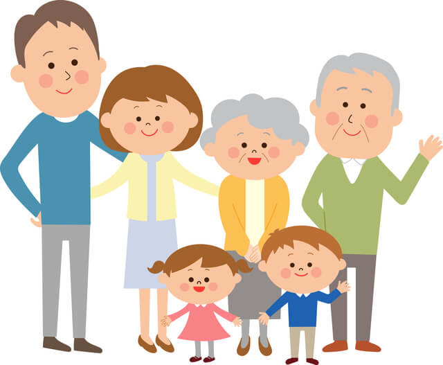 日本における超高齢社会を表す三世代家族のイラスト。日本は世界の国と比較すると、高齢社会を表す指標である高齢化率が世界一となっており、高齢化社会から高齢社会に至るまでの期間が短く、急速に高齢化が進みました。