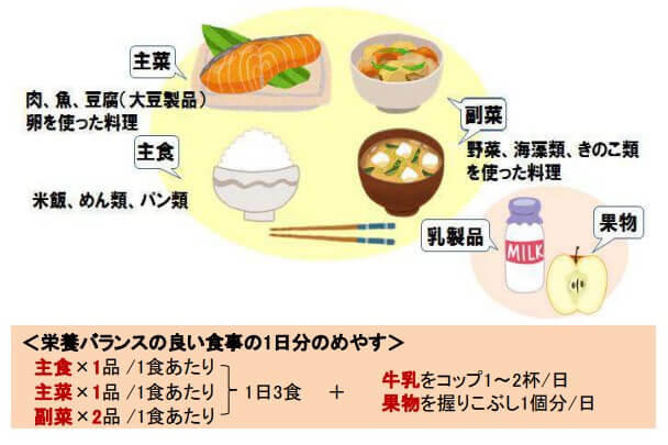 図２：栄養バランスの良い食事の例。主食・主菜・副菜2品と乳製品と果物で構成される。