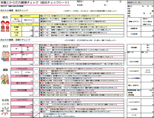 図4:栄養とからだの健康チェック(総合チェックシート)表。指輪っかテスト、イレブンチェックの他に口腔・運動・社会性についてチェックする。