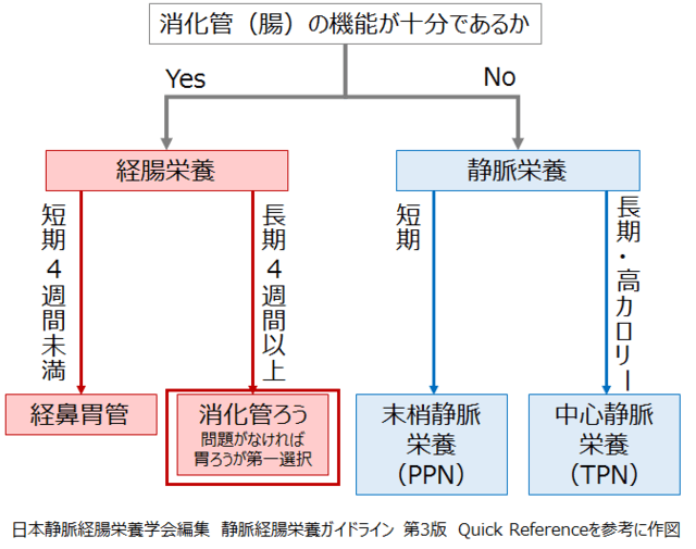 図:栄養療法の選択の基準における胃ろうの選択を示すフローチャート。経管栄養の機関が4週間以上と長期になる場合は胃ろうが第一選択であることを示す。