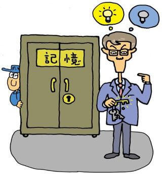 記憶の金庫を開けようとする著者と、それを金庫の背後から覗く電気屋のお兄ちゃんの図