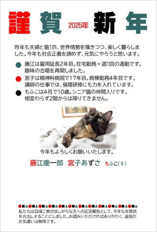 写真：著者が昨年に作成した、近況報告も兼ねた昨年の年賀状の写真。愛猫もふこの写真が入っている