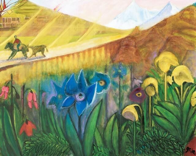 図1:入江一子さんの作品「回想・四姑娘山の青いケシ」。