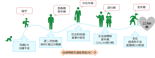 図1:ライフサイクルとストレスをあらわした図。心身症を引き起こしやすい時期がさまざまなライフサイクルに見られることを示す