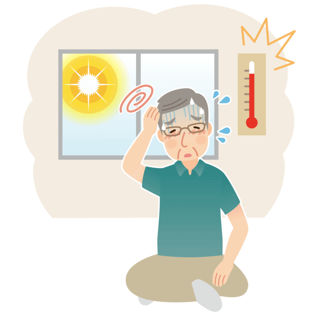 図:高齢者は暑さを感じにくく、冷房を使用せずに過ごしている人も多く、住居内で熱中症になる方も少なくないことを示すイラスト