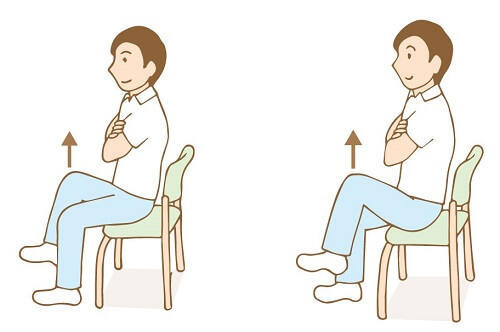 図9:もも上げの様子を表す図。背もたれから背中を離して椅子に座り、お腹に力を入れて片方のももを上に上げます。座面から太ももの裏が離れるように上げてから下ろします。