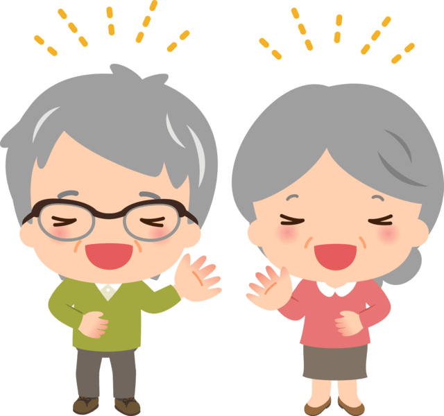 図:高齢者夫婦が笑っているイラスト。笑いが健康長寿に影響することを表す。
