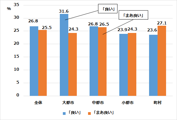 グラフ2:都市規模別の高齢者の健康状態を示す棒グラフ。町村よりも大都市で健康状態が良いと答える人が多くなることをあらわす