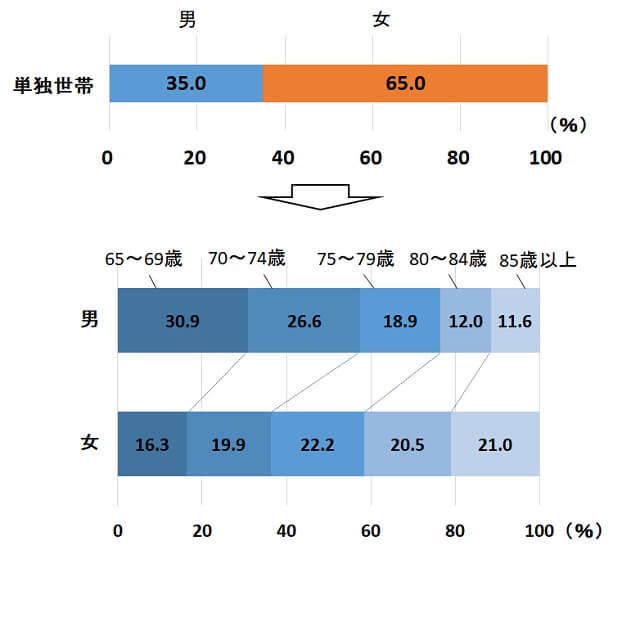 グラフ4:2019年国民生活基礎調査より65歳以上の単独世帯の性別と年齢構成を表すグラフ。