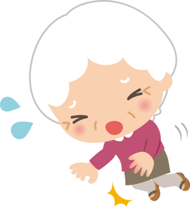 高齢女性がつまづき転倒しそうなイラスト。サルコペニアや骨・筋肉・関節(運動器)の障害があるとフレイルになりやすく、転倒のリスクや死亡率が高くなることを表す。