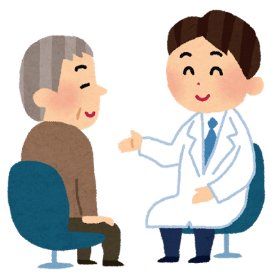 医師が患者に診療の説明を行っているイラスト。イービーエム(EBM)とは個々の患者さんの診療にあたり、エビデンス(科学的根拠)に基づいた医療を行うことを意味する。