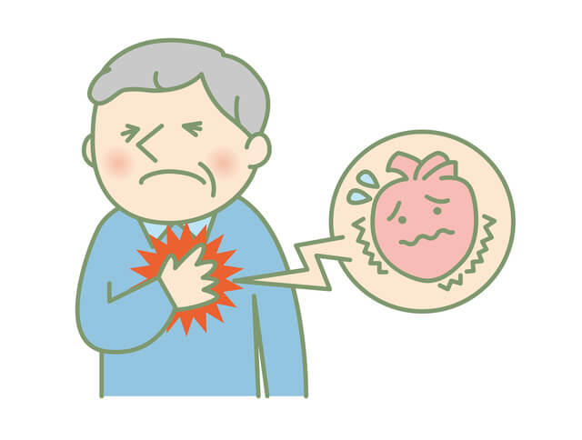 心疾患を抱えている高齢男性が、心臓に痛みを感じる様子を表すイラスト。高齢者の循環器の症状には、心臓血管系は心臓肥大や拡張といった変化が起こる、血圧の上(収縮期血圧)と下(拡張期血圧)の差が大きくなる特徴があります。