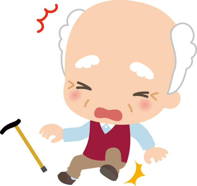 高齢男性が転倒する様子を表すイラスト。転倒は、歩行やバランス障害、筋力低下といった身体虚弱が原因です。50歳を超えた頃から通常の低下以上に筋力が低下する状態をサルコペニア(加齢性筋肉減弱症)と言います。