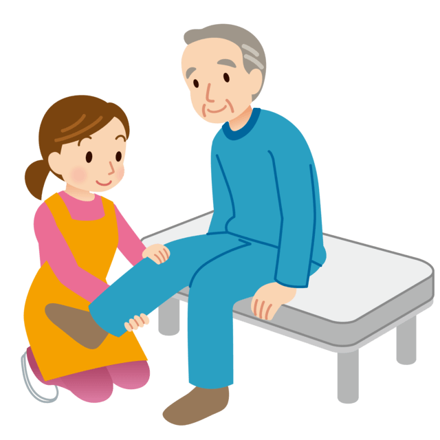 リハビリで関節可動域訓練を行う男性のイラスト。