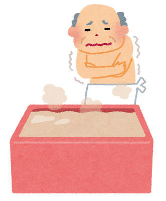図:入浴前に高齢男性が寒さで震えているイラスト。冬場の入浴中の事故死が多く、浴室内の室内の温度の低さが要因であることを表す