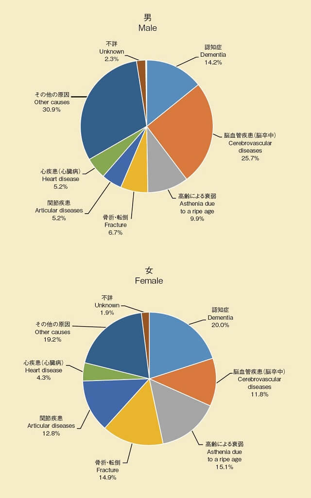 図1：男女別に見る要介護状態の原因となった主な原因の構成割合を表す図。男女とも認知症の割合が多く占めることがわかる。