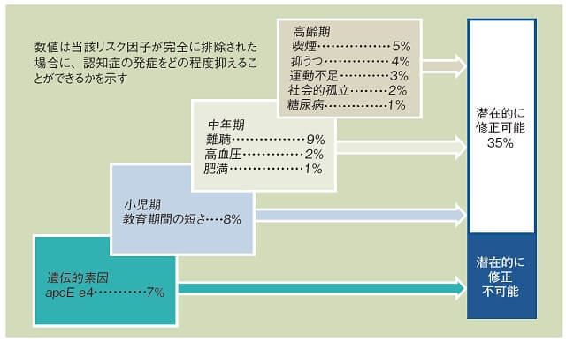 図1：認知症発症抑制する10因子をまとめた図。修正可能な9つのリスク因子(喫煙、運動不足、糖尿病など）と修正不可能な遺伝的素因をあらわす。