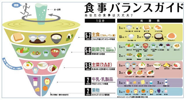 図1:厚生労働省が示す食事バランスガイド。主食、主菜、副菜、牛乳・乳製品、果物を摂取する目安を1日単位で表した図。