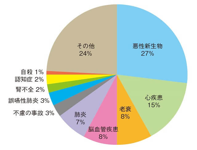 図1：平成30（2018）年日本人の死因の内訳を表した円グラフ。悪性新生物27%、心疾患15%、老衰 8%、脳血管疾患8%、肺炎7%となっている。