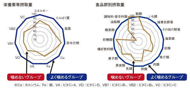 図２：噛めるグループと噛めないグループの栄養素別摂取量・食品群摂取量の比較を示す図