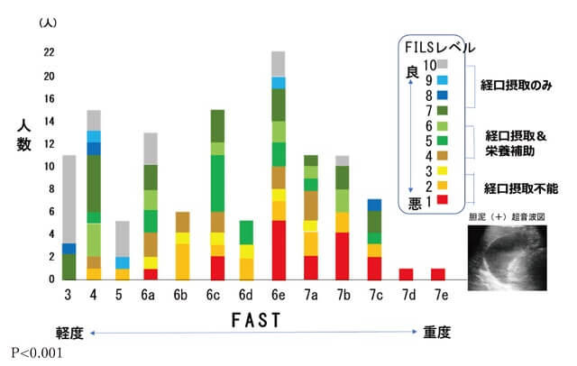 図3：認知症の病期による経口摂取レベルの割合と関連を示す図。