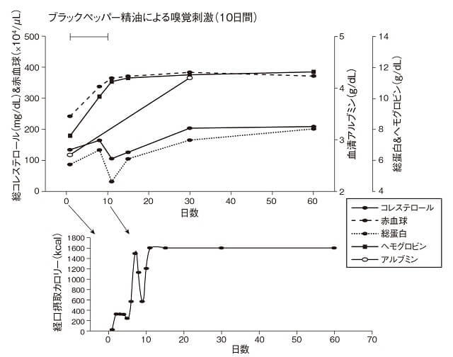 図4：食欲低下をきたした施設高齢女性を対象とした前帯状回の血流上昇作用を有するブラックペッパー精油による嗅覚刺激を行った結果、有効であった自験例を表す図。