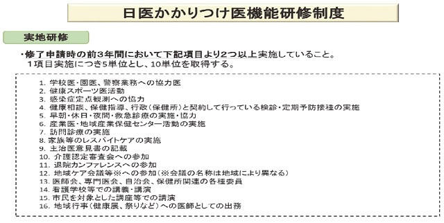 図8:日医かかりつけ医機能研修制度の実地研修における実施項目を示す図。16項目の社会的な保健・医療・介護・福祉活動、在宅医療、地域連携活動等から2項目以上を実践していれば単位を取得することができる。