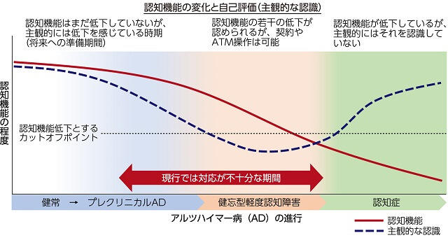 図1、主観的認知機能と認知機能変化を表す図。