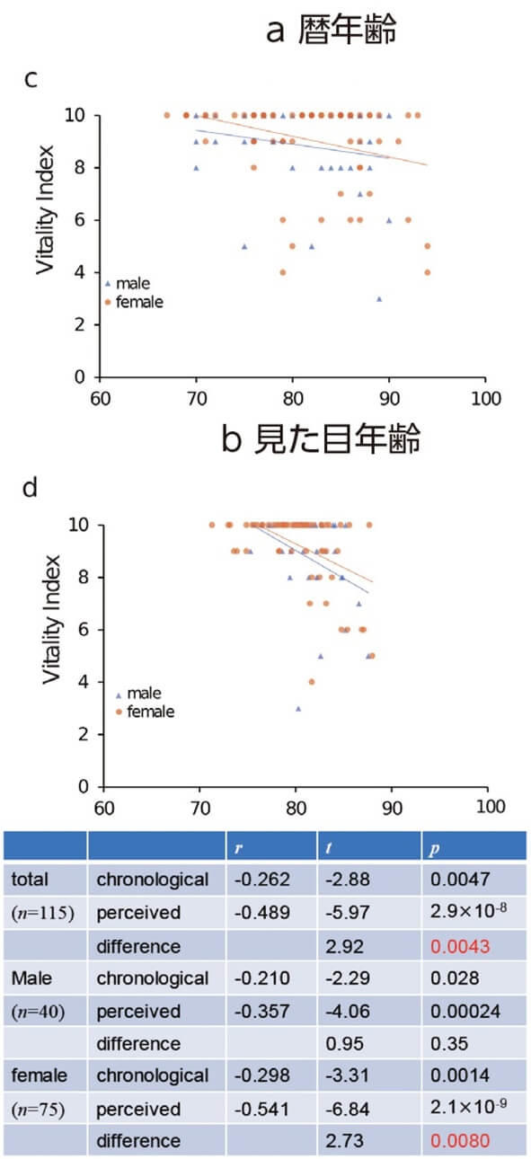 図2-2:Vitalityと暦年齢、見た目年齢の相関係数を表す図。