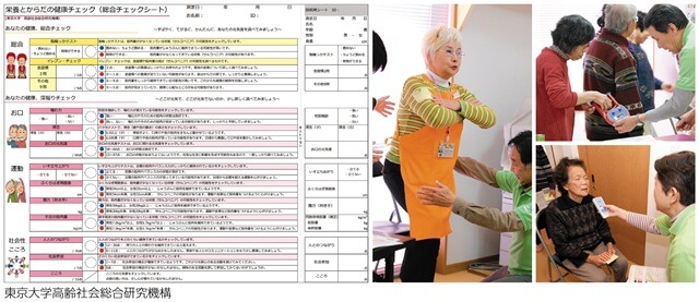 図、総合チェックシート（栄養とからだの健康チェック）と住民主体型フレイルチェック活動の様子を表す図。