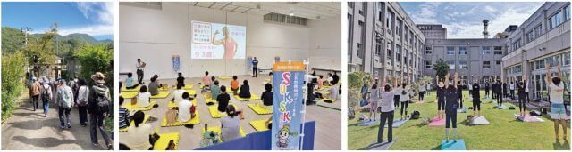 左は、山形市健康づくり運動普及推進協議会主催の「再発見ウォーキング」の写真。中は、スクスクマイスターのなかざわともはる氏によるスクスクスクールの写真。右は、秋のスクスクフェアの写真。すべてポイント対象事業（画像提供：山形市）。