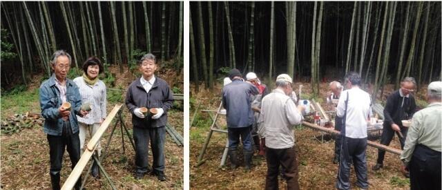 竹を割ってつないで流しそうめんを楽しんでいる様子を表す写真。