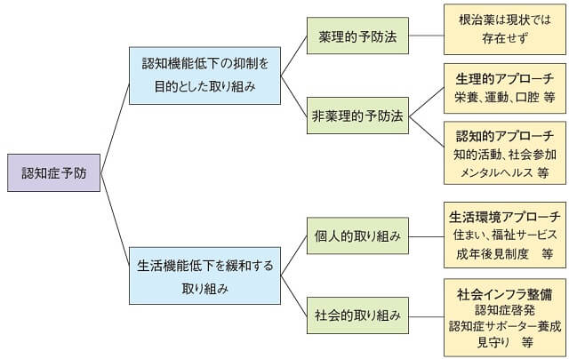 図1：認知症予防について危険因子の性質より種々のアプローチの仕方があることを表したフローチャート