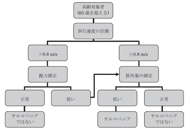 図1:サルコペニアの診断手順(EWGSOP)を示すフローチャート。歩行速度、握力、四肢骨格筋量を測定し、基準値以下の場合はサルコペニアと診断される