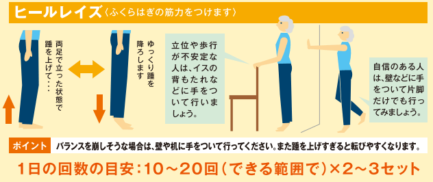 図3：ふくらはぎの筋力をつける運動「ヒールレイズ」の仕方を表した図。手順やポイントは次のとおり