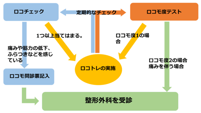 図7：ロコモティブシンドロームの診断の一連の流れを示した。ロコチェックで１つ以上当てはまる場合やロコモ度1の場合はロコトレを実施する。ロコモ度が2の場合とロコチェックで１つ以上当てはまり、痛みや筋力の低下、ふらつきを感じる時はロコモ問診票を持って整形外科を受診する。