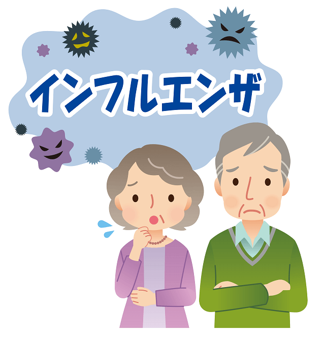 図：インフルエンザ予防について考える高齢者を表すイラスト。