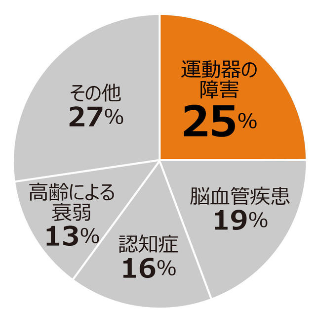 グラフ:要支援・要介護になった原因は運動器の障害25%、脳血管疾患19%、認知症16%、高齢による衰弱13%、その他27%と示している。