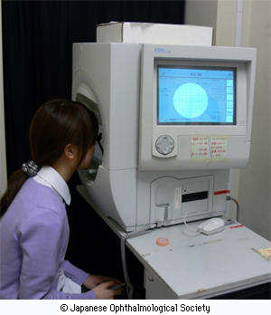 写真4：視野検査器で見える範囲がどのくらいであるかを調べる視野検査の風景写真