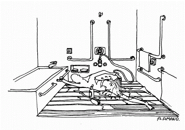 図2：すのこを敷き詰めた浴室の洗い場で、横になったまま身体を洗う様子のデッサン。
