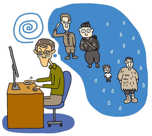 パソコンを見ながら昔のことを思い出している著者を表す図