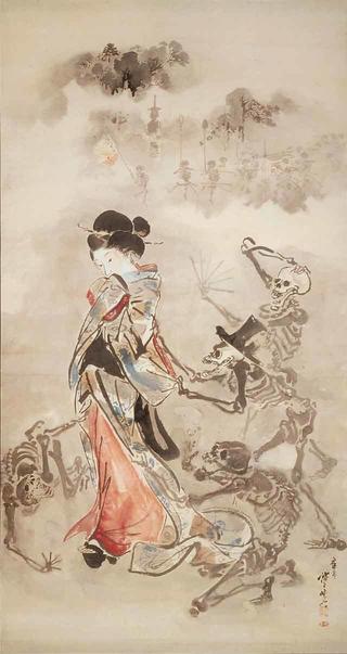 図：河鍋暁斎筆「美女の袖を引く骸骨」席画。暁斎の主治医であったベルツの日本美術コレクションで、最もベルツの好みのものとして挙げられる作品。