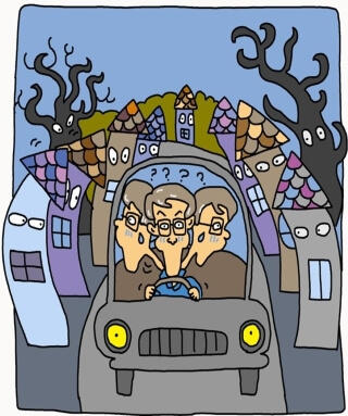車でおとぎの国を探検する著者が、道に迷っている様子を表した図。
